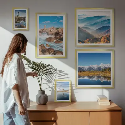 Set of 5 wall art pieces featuring natural mountains, sea, and lighthouses