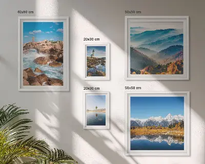 Set of 5 wall art pieces featuring natural mountains, sea, and lighthouses
