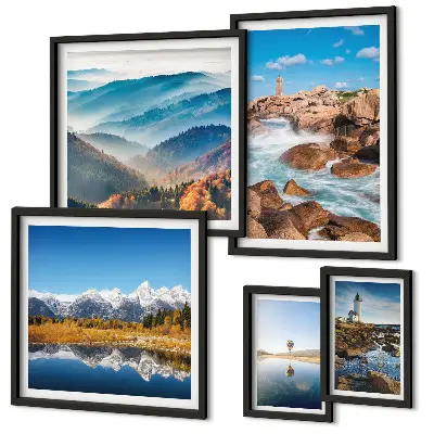 Set of 5 wall art pieces featuring natural mountains, sea, and lighthouses