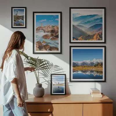 Set of 5 wall art pieces featuring natural mountains, sea, and lighthouses