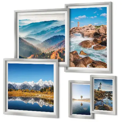 Set of 5 wall art pieces featuring natural mountains, sea, and lighthouses