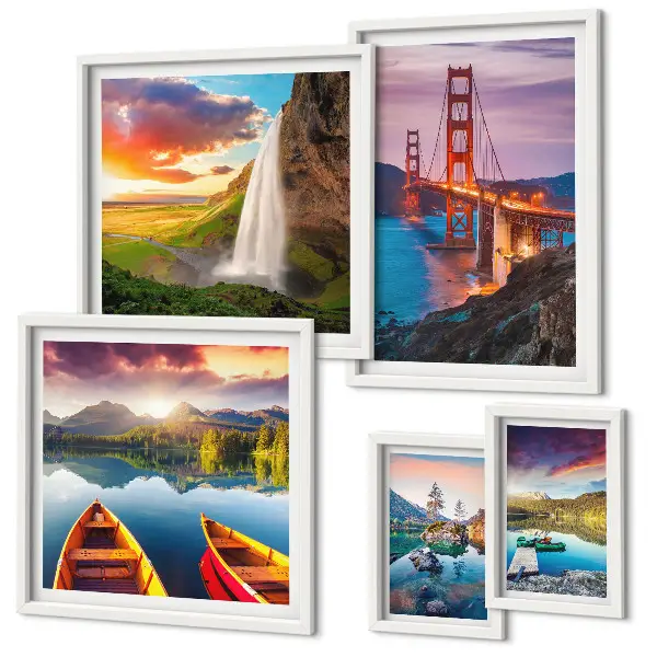 Framed photo set featuring nature landscapes and bridges of the USA