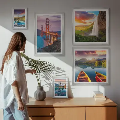 Framed photo set featuring nature landscapes and bridges of the USA