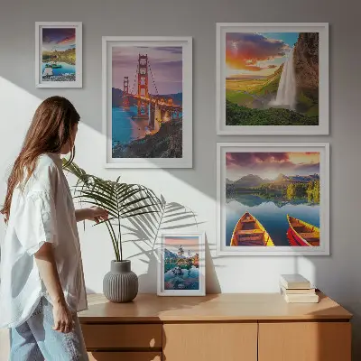 Framed photo set featuring nature landscapes and bridges of the USA