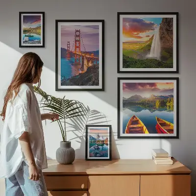 Framed photo set featuring nature landscapes and bridges of the USA