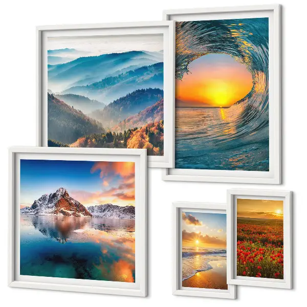 Gallery wall art set featuring natural landscapes of the sea, mountains, and flowers