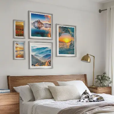 Gallery wall art set featuring natural landscapes of the sea, mountains, and flowers