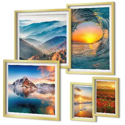 Gallery wall art set featuring natural landscapes of the sea, mountains, and flowers