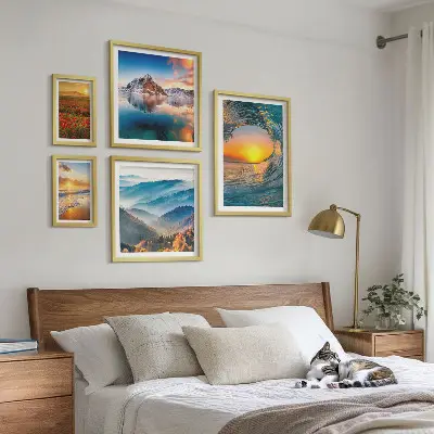 Gallery wall art set featuring natural landscapes of the sea, mountains, and flowers