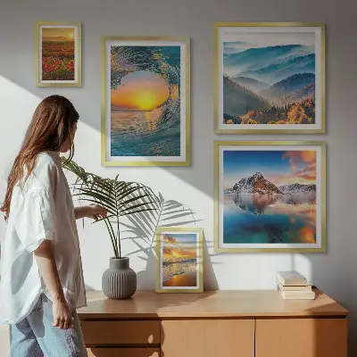 Gallery wall art set featuring natural landscapes of the sea, mountains, and flowers