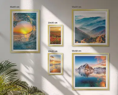 Gallery wall art set featuring natural landscapes of the sea, mountains, and flowers