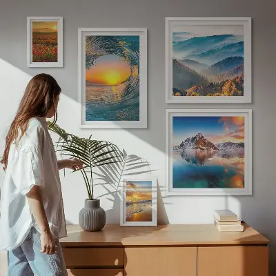 Gallery wall art set featuring natural landscapes of the sea, mountains, and flowers