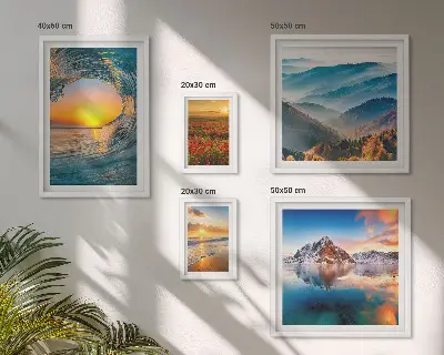 Gallery wall art set featuring natural landscapes of the sea, mountains, and flowers