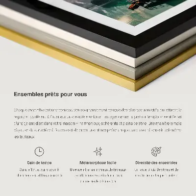 Gallery wall art set featuring natural landscapes of the sea, mountains, and flowers