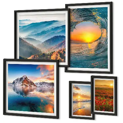 Gallery wall art set featuring natural landscapes of the sea, mountains, and flowers
