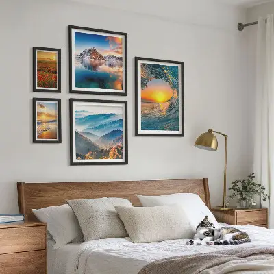 Gallery wall art set featuring natural landscapes of the sea, mountains, and flowers