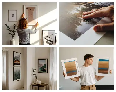 Gallery wall art set featuring natural landscapes of the sea, mountains, and flowers