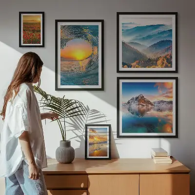 Gallery wall art set featuring natural landscapes of the sea, mountains, and flowers