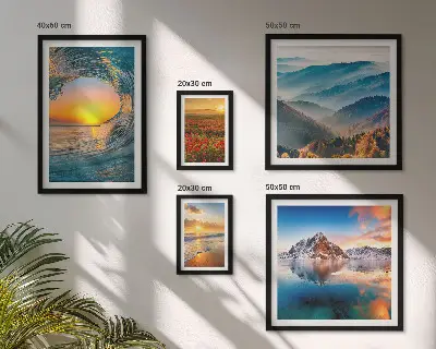 Gallery wall art set featuring natural landscapes of the sea, mountains, and flowers