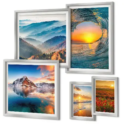 Gallery wall art set featuring natural landscapes of the sea, mountains, and flowers