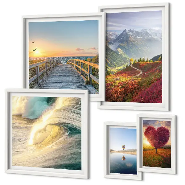 Set of 5 wall art pieces Landscapes mountains hearts waves balloons