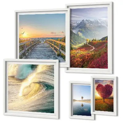 Set of 5 wall art pieces Landscapes mountains hearts waves balloons