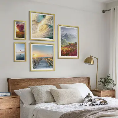 Set of 5 wall art pieces Landscapes mountains hearts waves balloons