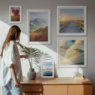 Set of 5 wall art pieces Landscapes mountains hearts waves balloons