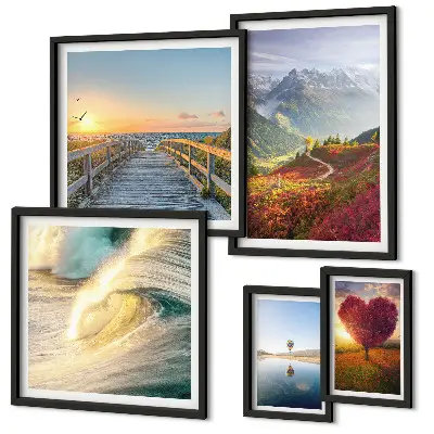 5-Piece Wall Art Set landscape mountain heart wave and balloon prints