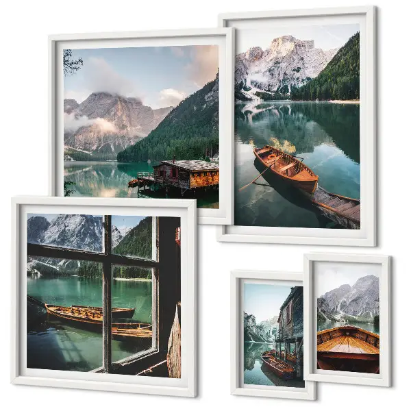 Framed photo set featuring landscapes of lakes, mountains, and boats