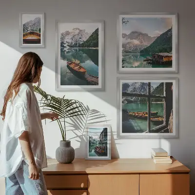 Framed photo set featuring landscapes of lakes, mountains, and boats