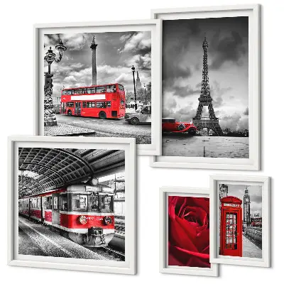 Set of 5 wall art pieces Architectural icons and vehicles