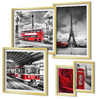 Set of 5 wall art pieces Architectural icons and vehicles