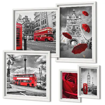 Set of 5 wall art pieces London motifs red accents