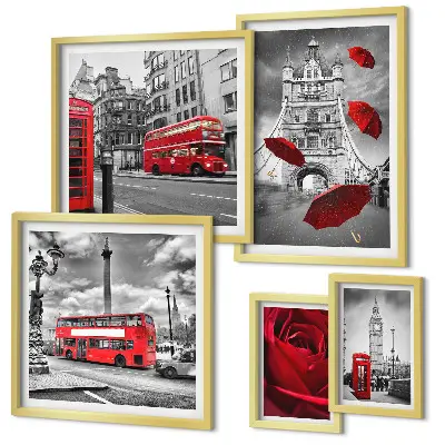 Set of 5 wall art pieces London motifs red accents