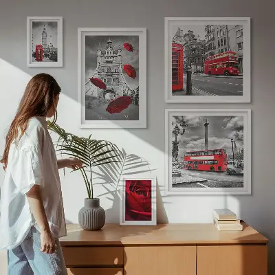 Set of 5 wall art pieces London motifs red accents