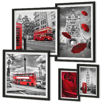 Set of 5 wall art pieces London motifs red accents