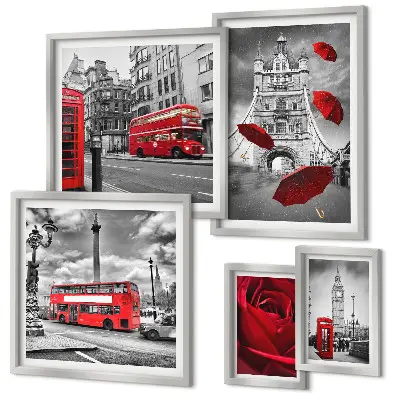 Set of 5 wall art pieces London motifs red accents