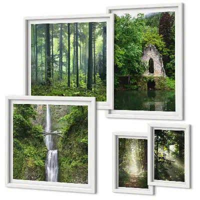 Set of 5 wall art pieces Green forests waterfalls nature