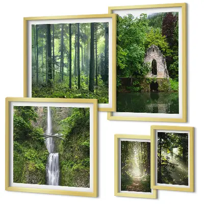 5-piece wall art set green forests and waterfalls nature scenery