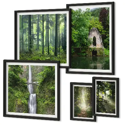 Set of 5 wall art pieces Green forests waterfalls nature