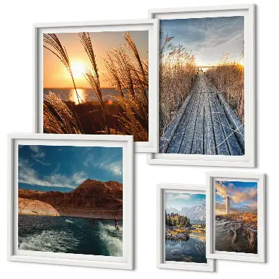 Framed photo set landscapes with water, vegetation, and a trail