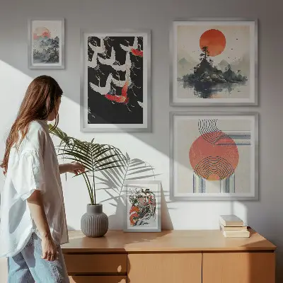 Gallery wall featuring traditional Japanese nature art