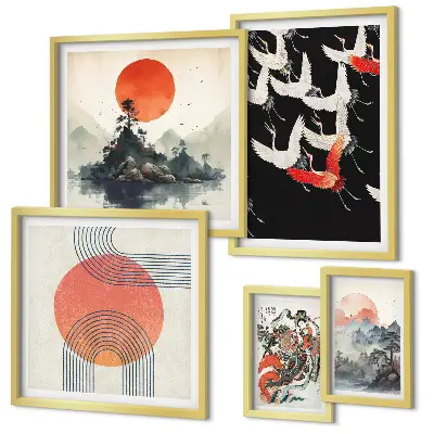 Gallery wall featuring traditional Japanese nature art