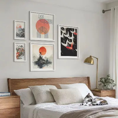Gallery wall featuring traditional Japanese nature art