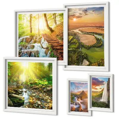 Gallery wall featuring landscapes of waterfalls and valleys