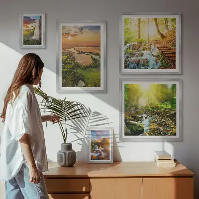 Gallery wall featuring landscapes of waterfalls and valleys
