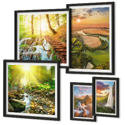 Gallery wall featuring landscapes of waterfalls and valleys