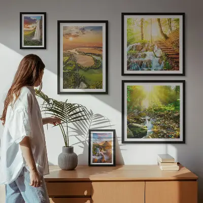 Gallery wall featuring landscapes of waterfalls and valleys