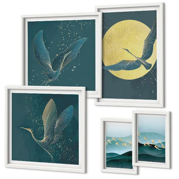Set of 5 wall art pieces Landscapes birds night sky